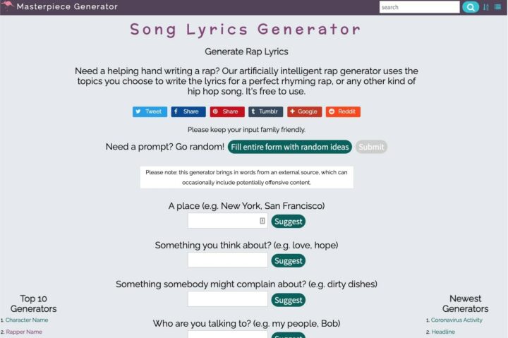 Masterpiece Rap Generator | Rap Lyrics Generator